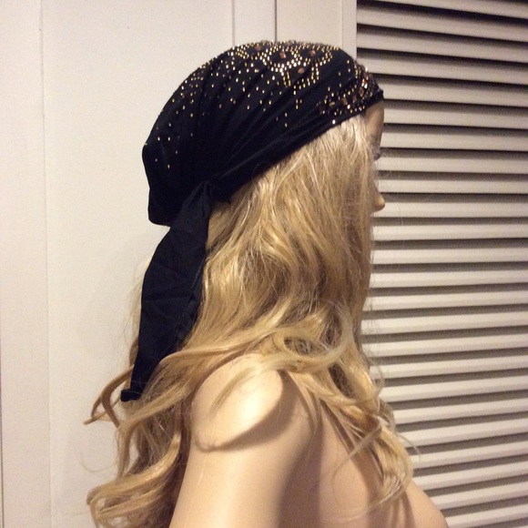 🌺 NEW BLACK & GOLD BLING TURBAN HEAD WRAP CAP HAT - Picture 3 of 6